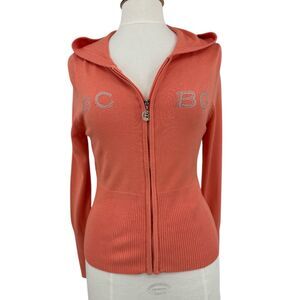 BCBG Hooded Cardigan Sweater Size Large Coral gem logo hooded zip up womens